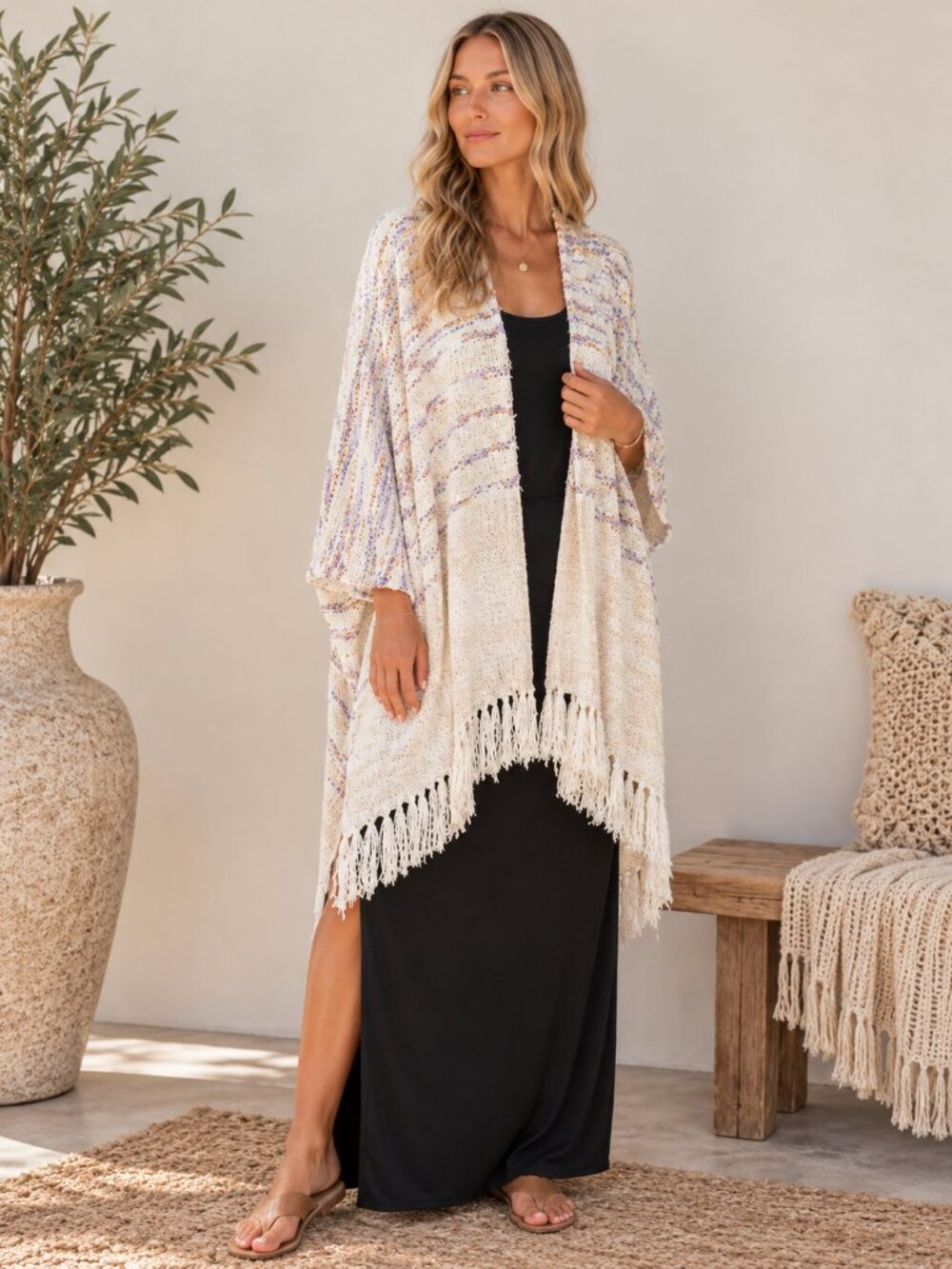 515. Women's Oatmeal Fuzzy Striped Knit Poncho